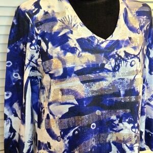 Womens Laura Ashley Embellished Tunic Top Size SMALL VNeck 3/4 Sleeve Blue White